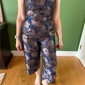 Greylin Blue and lavender strapless Floral Jumpsuit with Cropped Wide-Leg